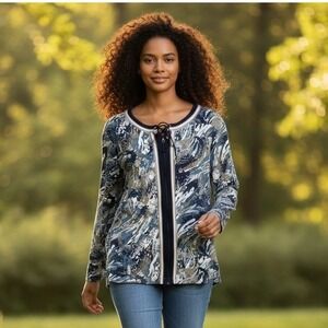 CJ Banks Womens Abstract Print Long Sleeve Lace Up Neck Top Blouse Plus Size XXL